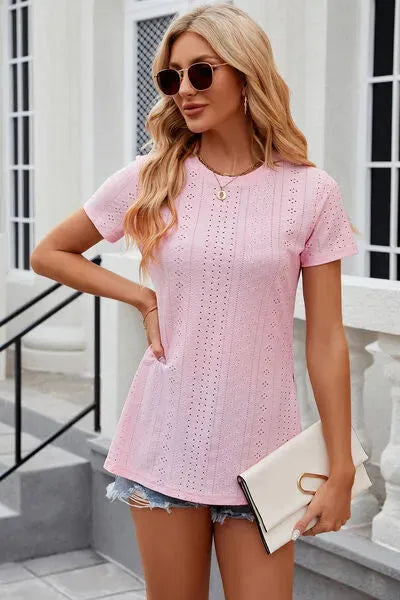 Eyelet Slit Round Neck Short Sleeve T-Shirt Blush Pink Women's T-Shirts - Tophatter Daily Deals